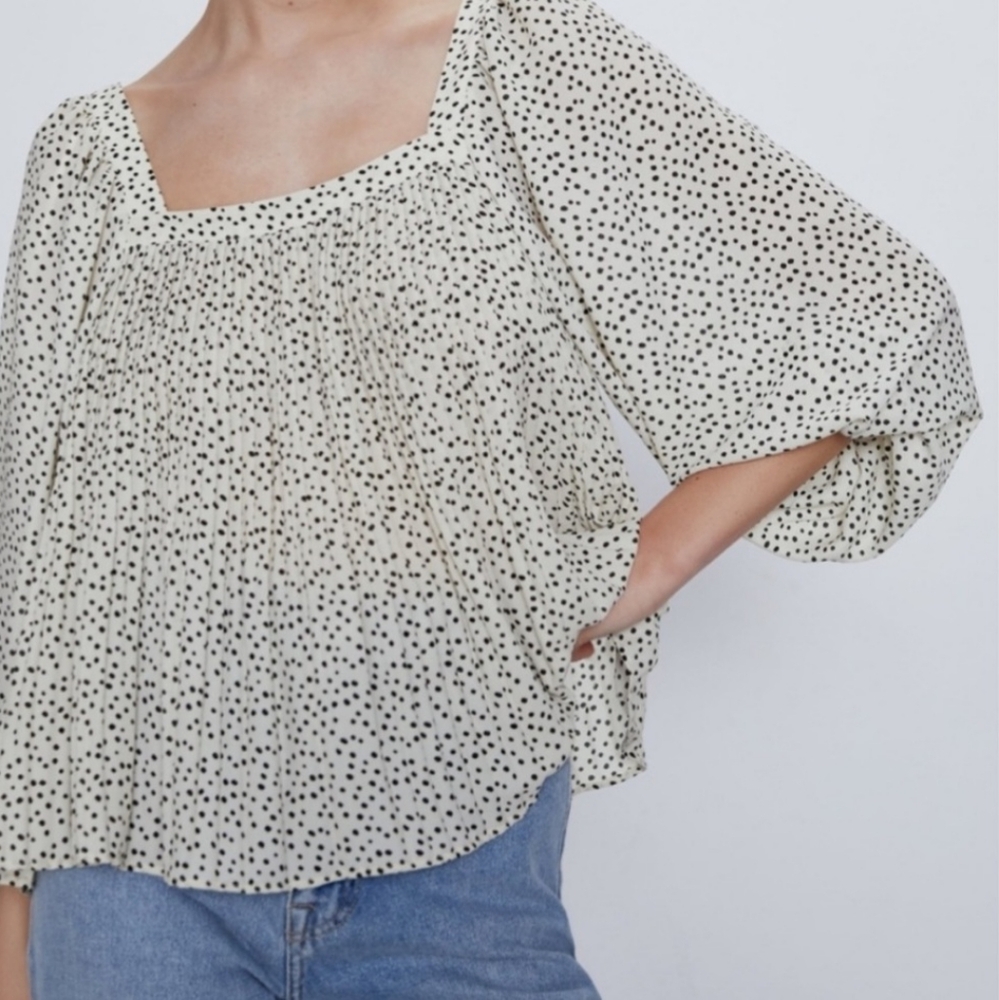 Zara Black and Cream Polkadot Square Neck 3/4 Sleeve Boxy Blouse Med NWOT